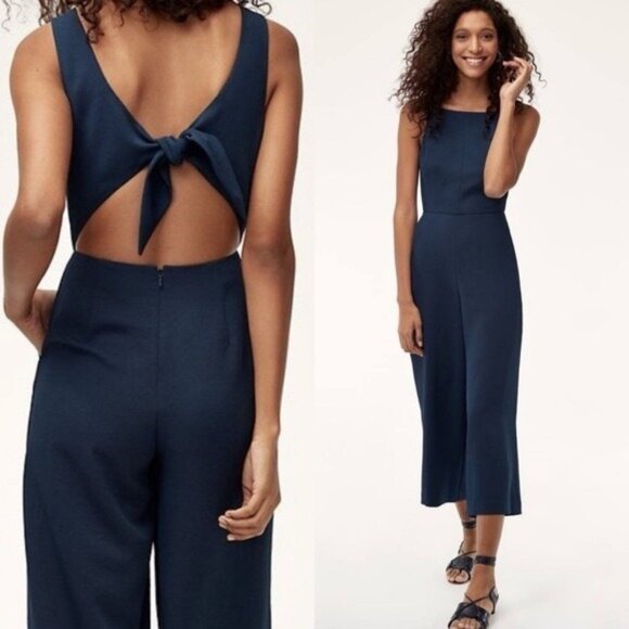 Aritzia Wilfred Ecoulement Vneck Jumpsuit 2 Blue Cropped Cutout Wide Leg Tie - Picture 1 of 15
